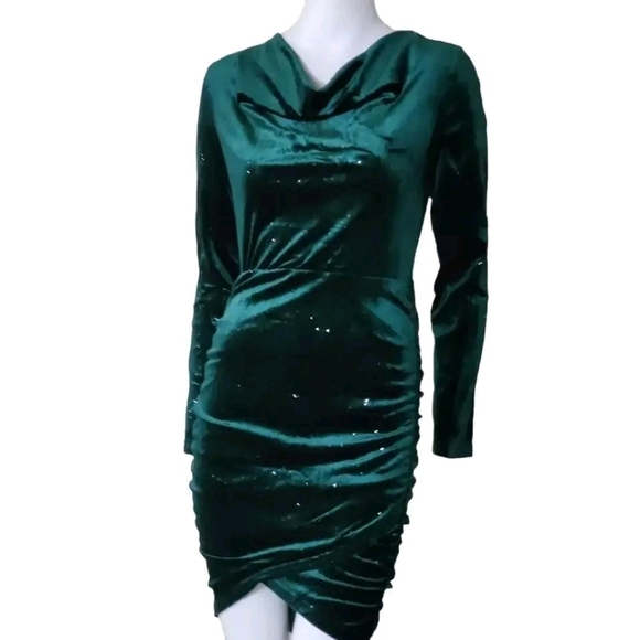 Green Glitter Draped Collar Long Sleeve Ruched Bodycon Mini Dress - Picture 9 of 13